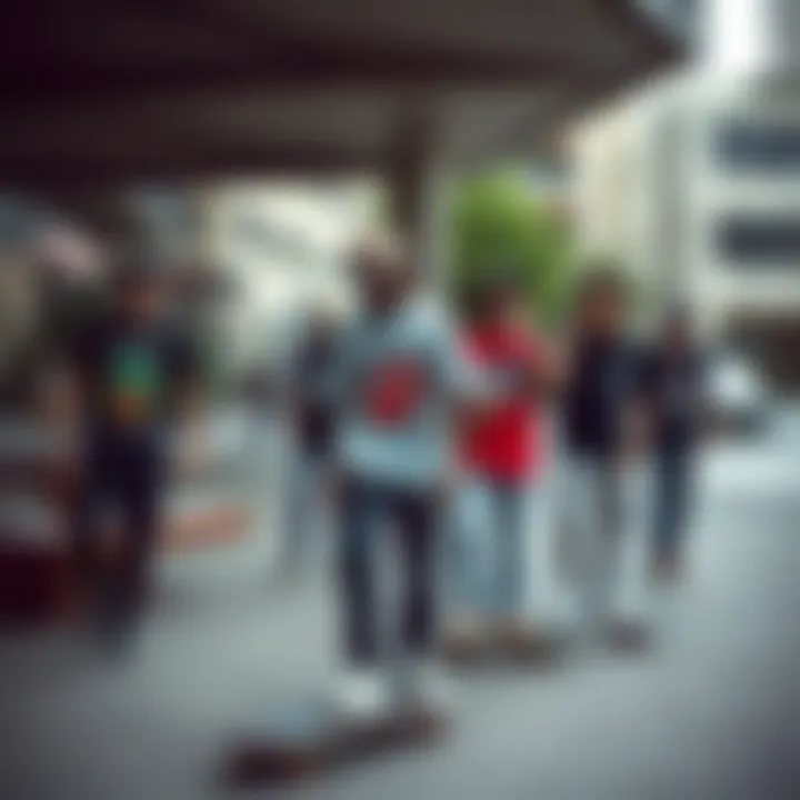 A group of skateboarders wearing homage tee shirts in an urban setting