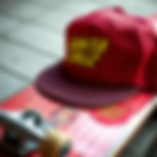 Vintage Santa Cruz hat displayed on a skateboard deck