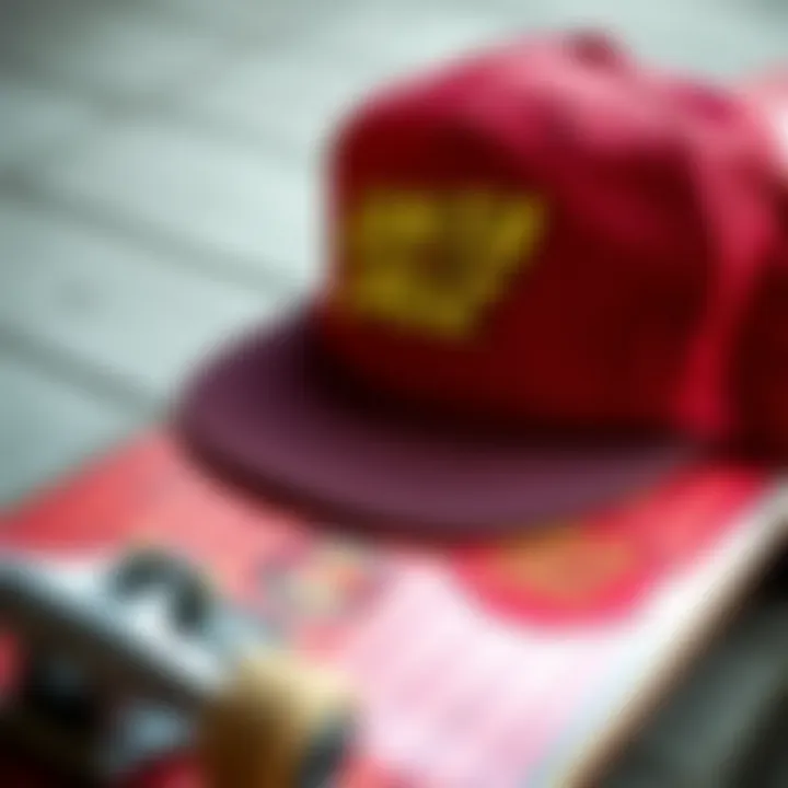 Vintage Santa Cruz hat displayed on a skateboard deck