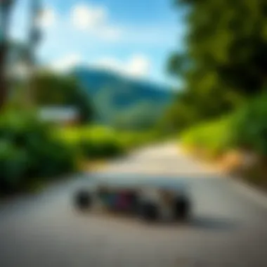Stylized penny board in action on a scenic pathway
