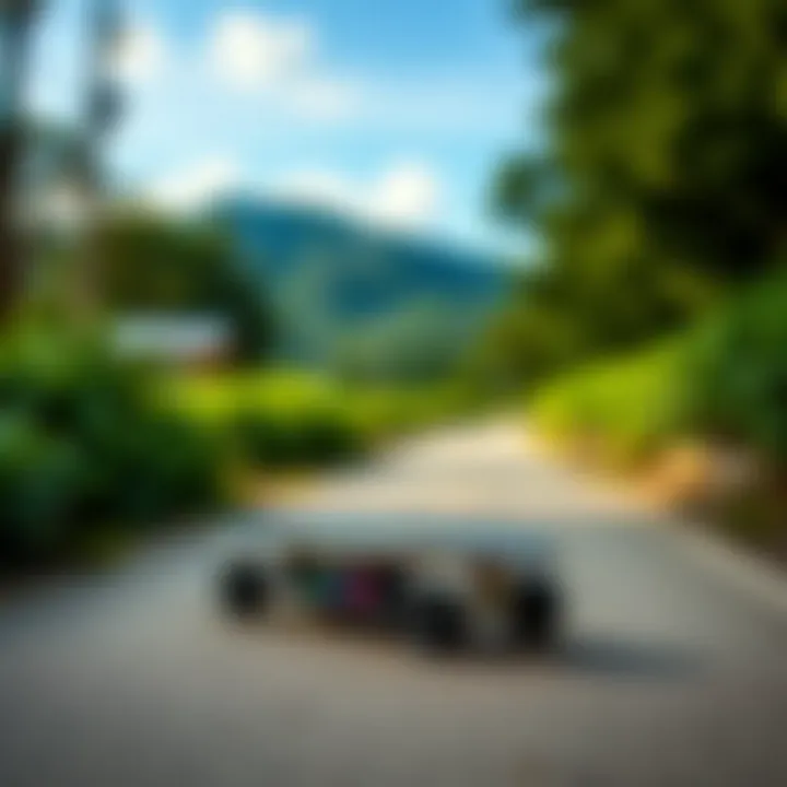 Stylized penny board in action on a scenic pathway