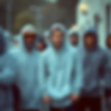 A vibrant skate scene featuring diverse skaters wearing grey hoodies