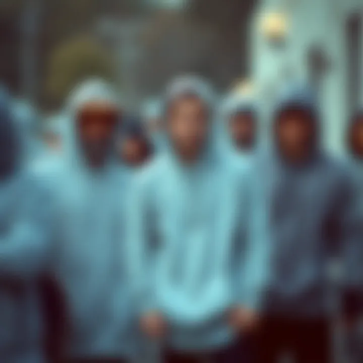 A vibrant skate scene featuring diverse skaters wearing grey hoodies