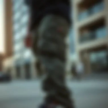 Close-up of a skateboarder wearing Dickies cargo pants in an urban setting