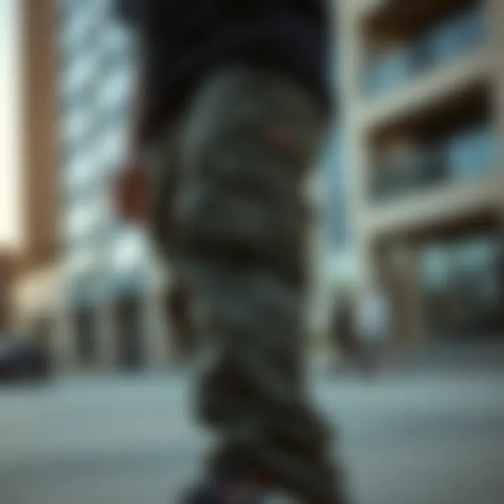 Close-up of a skateboarder wearing Dickies cargo pants in an urban setting