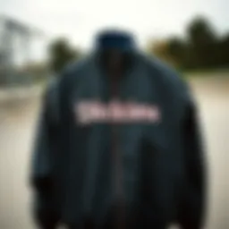 A vintage Dickies jacket displayed against a backdrop of a skate park