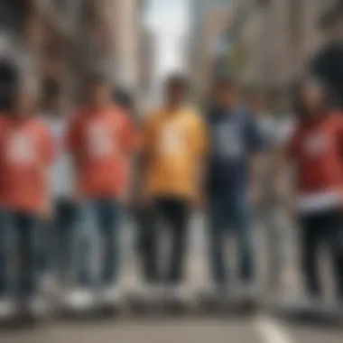 Group of skateboarders wearing diverse urban wear shirts