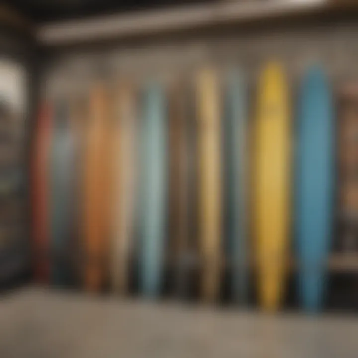 A close-up of surfboards and skateboards displayed artfully in a store