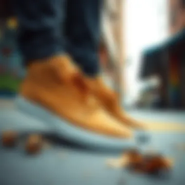 An array of eco-friendly timber shoes displayed in an urban skateboarding environment