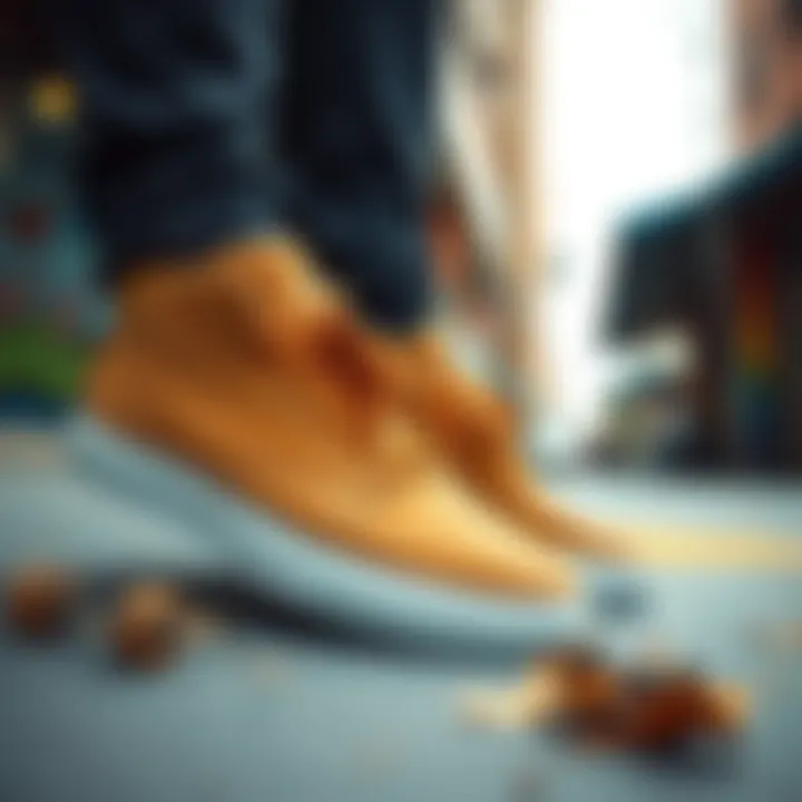 An array of eco-friendly timber shoes displayed in an urban skateboarding environment