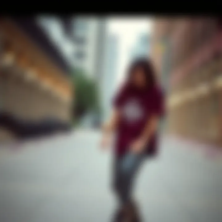 Fashionable skateboarder wearing Element shirt in urban setting