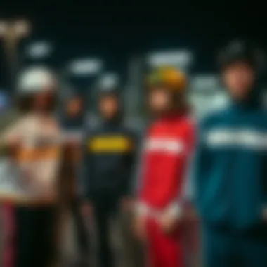 A group of skateboarders wearing trendy track suits, reflecting the culture and camaraderie of the sport.