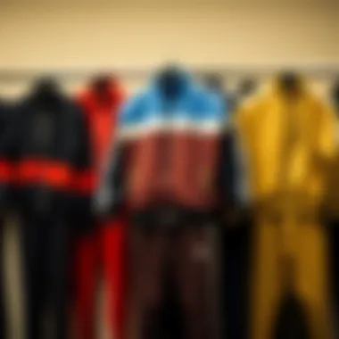 Different styles of track suits displayed together, highlighting the variety of choices available for skateboarders.