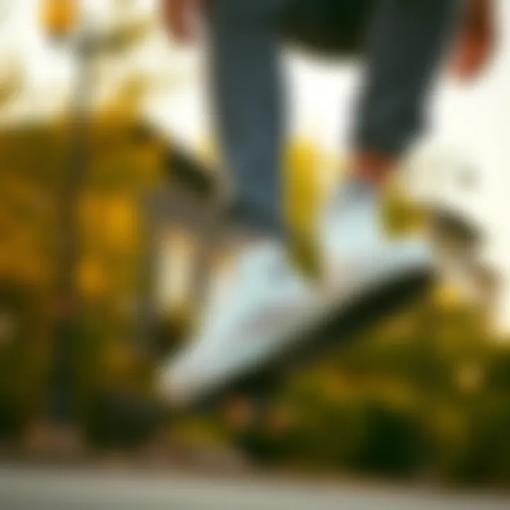 Skater performing a trick while wearing white platform Converse 7.5