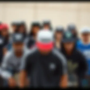 Group of skateboarders showcasing diverse styles with Adidas logo hats