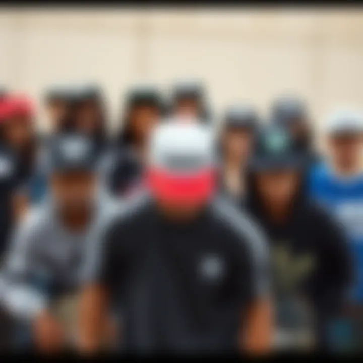 Group of skateboarders showcasing diverse styles with Adidas logo hats