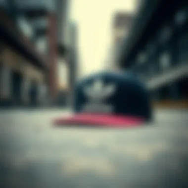 Adidas logo hat against an urban backdrop showcasing skateboarding culture