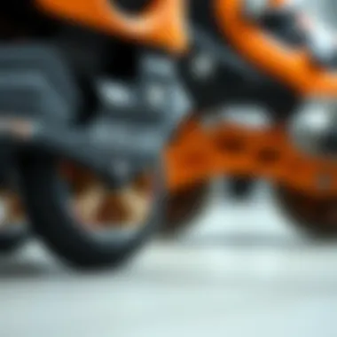 Close-up of roller blade wheels on a smooth surface