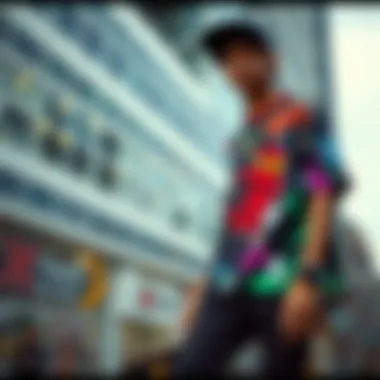 Skateboarder showcasing anime-themed attire in urban environment