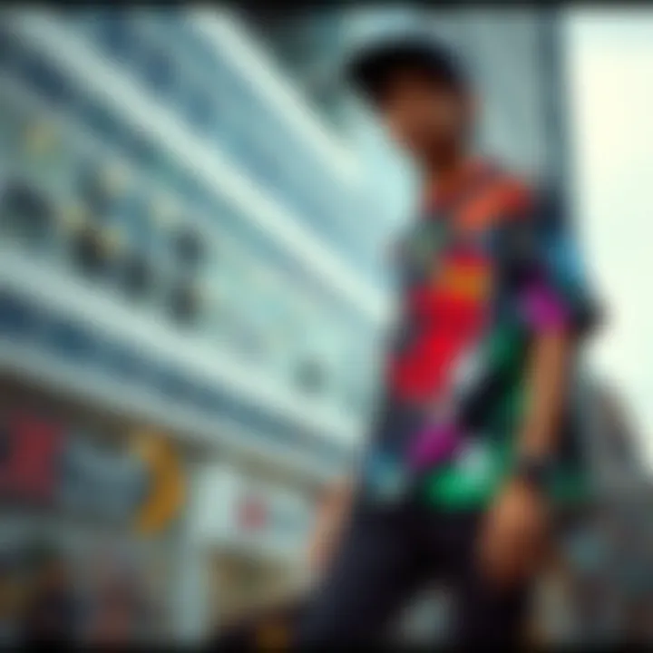 Skateboarder showcasing anime-themed attire in urban environment