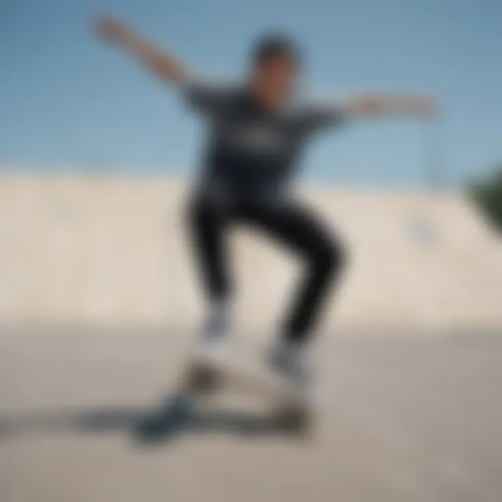 Dynamic skater showcasing an Adidas shirt while performing tricks