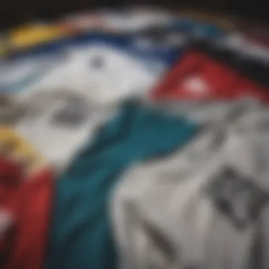 Close-up of various Adidas shirt styles laid out for selection