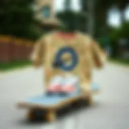 Vintage throwback shirt displayed on a skateboard deck