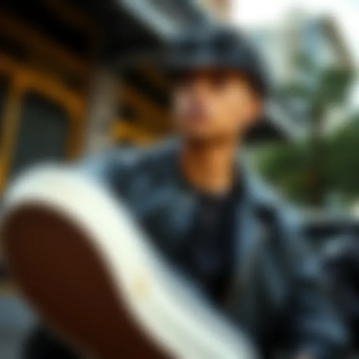 Fashion influencer showcasing all black leather Vans in urban setting