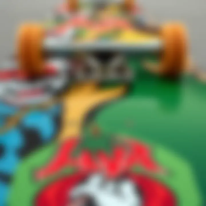 Close-up of skateboard deck graphics reflecting lifestyle choices.