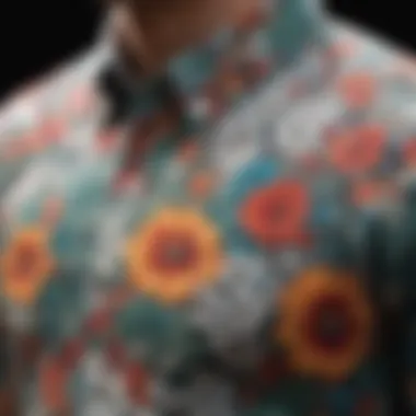 A vibrant floral pattern showcasing the intricate design of a short sleeve shirt