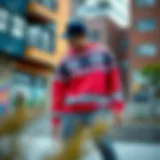 A vibrant Aztec sweatshirt showcased in an urban skate setting