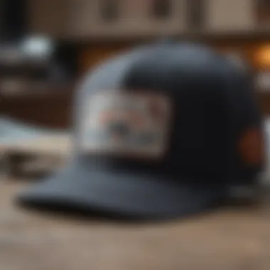 Close-up of a dad hat with skateboard graphics