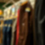 A stylish display of Dickies work pants in various colors and styles at a retail store.