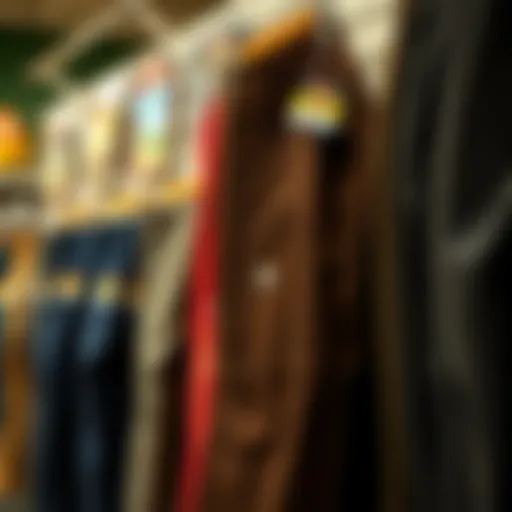 A stylish display of Dickies work pants in various colors and styles at a retail store.