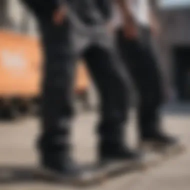 A group of skateboarders wearing black baggy cargo pants