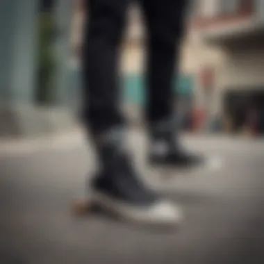 A stylish arrangement of black Chuck Taylor All Star Lift Hi sneakers on a skateboard, emphasizing their cultural connection.