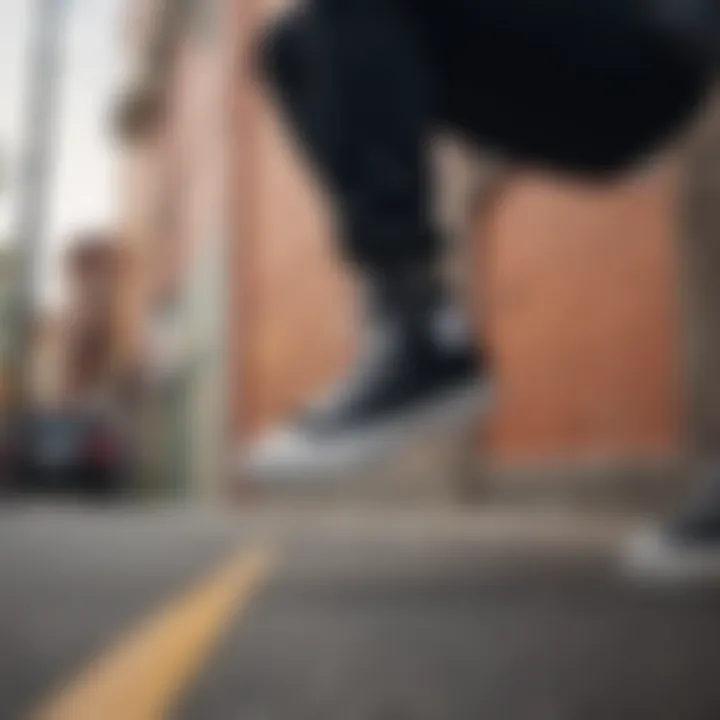 A dynamic shot of a skateboarder wearing black Chuck Taylor All Star Lift Hi sneakers in action, capturing their performance aspect.