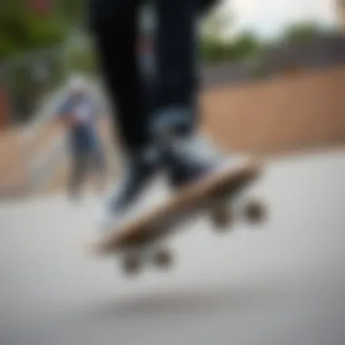 A skateboarder wearing black hi-top Converse while performing a trick