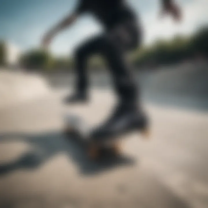 Skater performing tricks in black hi-top Vans on a concrete skatepark