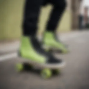 Group of skateboarders showcasing their black and lime green Vans