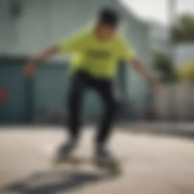 Skater performing tricks wearing black and lime green Vans