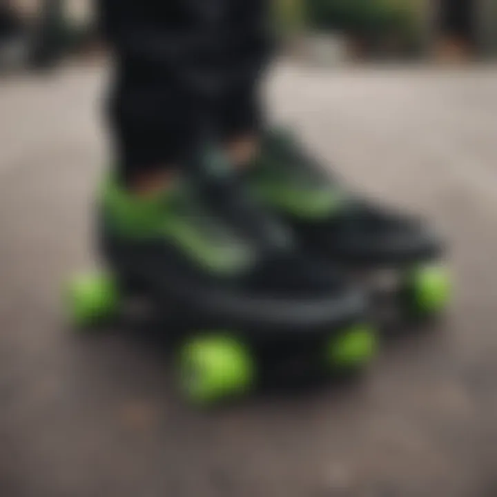 Stylish black and lime green Vans on a skateboard