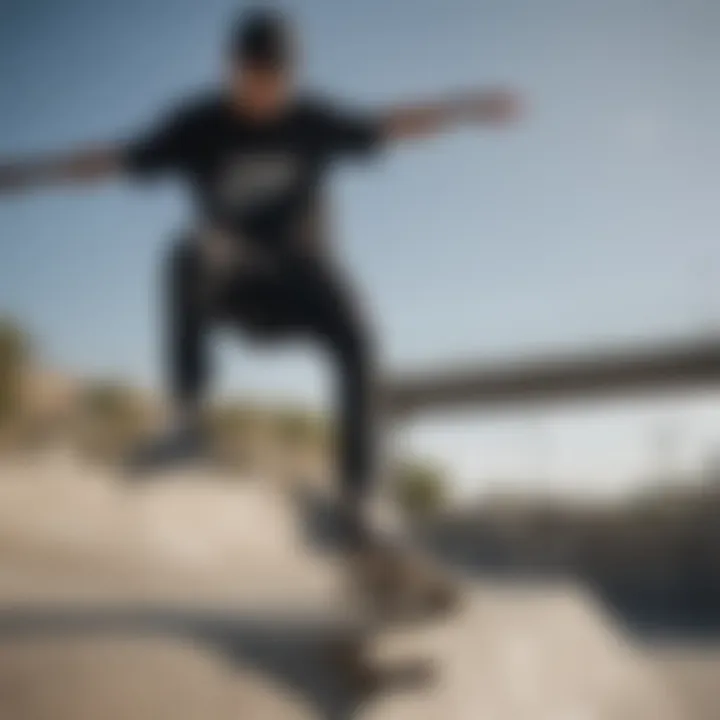 Skater performing tricks wearing a black Nike shirt in an urban skatepark.