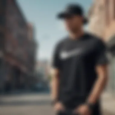 A man styling a black Nike t-shirt with casual urban attire.