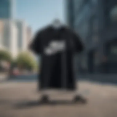 A stylish black Nike t-shirt displayed on a skateboard in an urban setting.