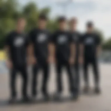 Group of skateboarders wearing black Nike t-shirts in an outdoor skate park.