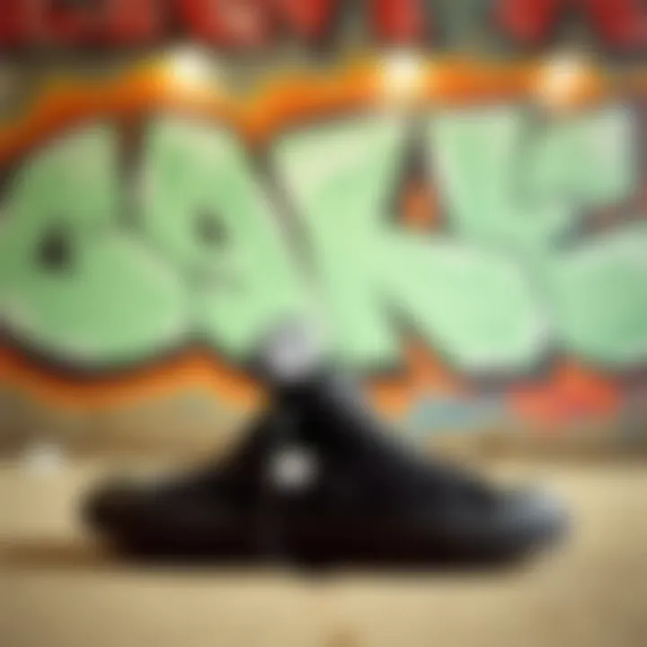 Graffiti art representing skate culture alongside black on black Converse shoes.