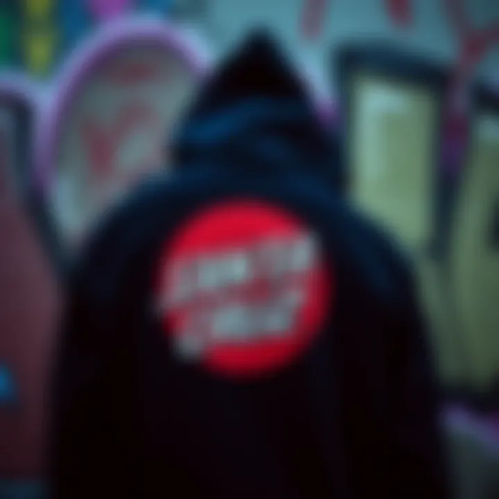 Artistic representation of the Black Santa Cruz hoodie against a graffiti backdrop