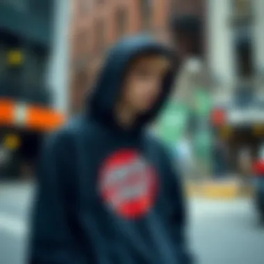 A skateboarder wearing the Black Santa Cruz hoodie in an urban skate environment