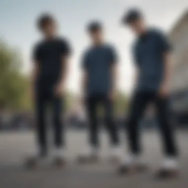 Group of skaters showcasing diverse styles with black washed denim